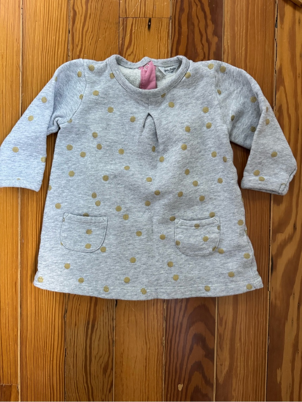Baby Boden Grey Toddler Dress with Gold Polka Dots